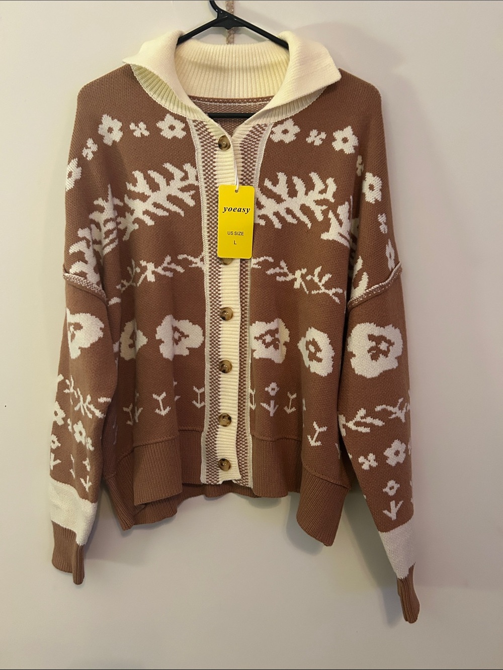 Yoeasy Brown & Cream Floral Knit Cardigan Sweater